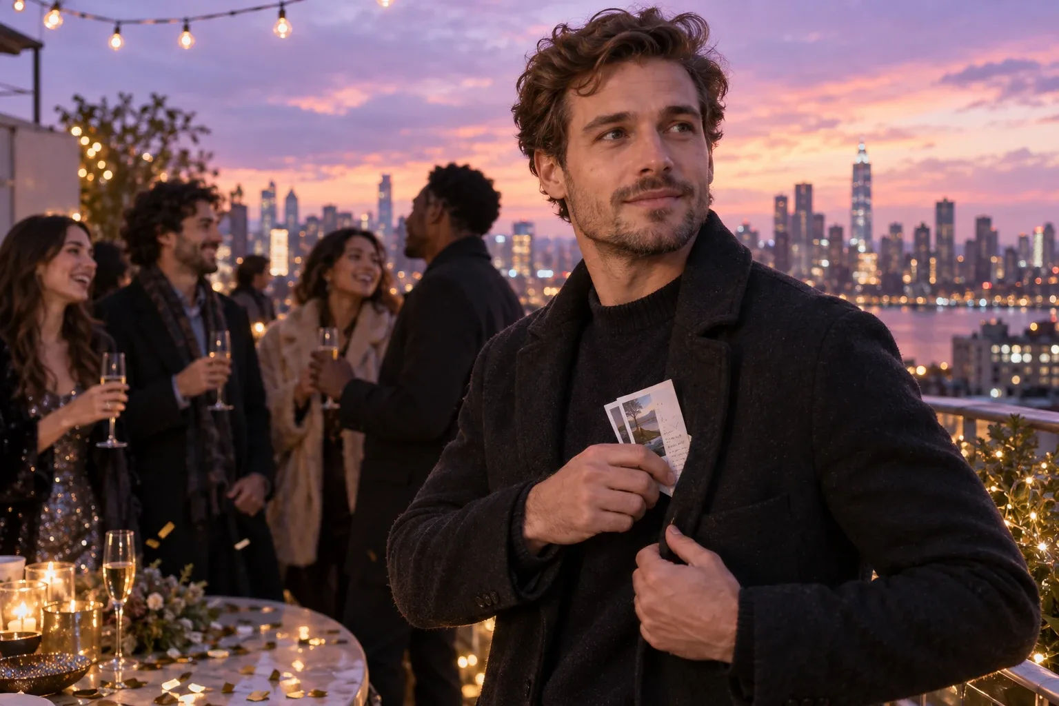 Money vision board tucked away by a man at a New Year's Eve rooftop party