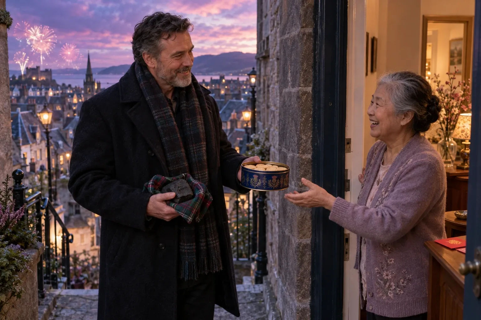 New year gift traditions: a first-footer bringing shortbread and coal to a welcoming doorstep at midnight in Scotland