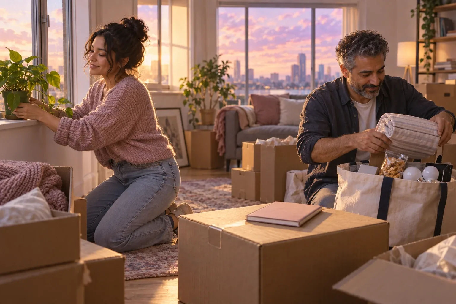 Gift for a fresh start: two friends unpacking a plant, sheets and a journal in a sunlit new apartment