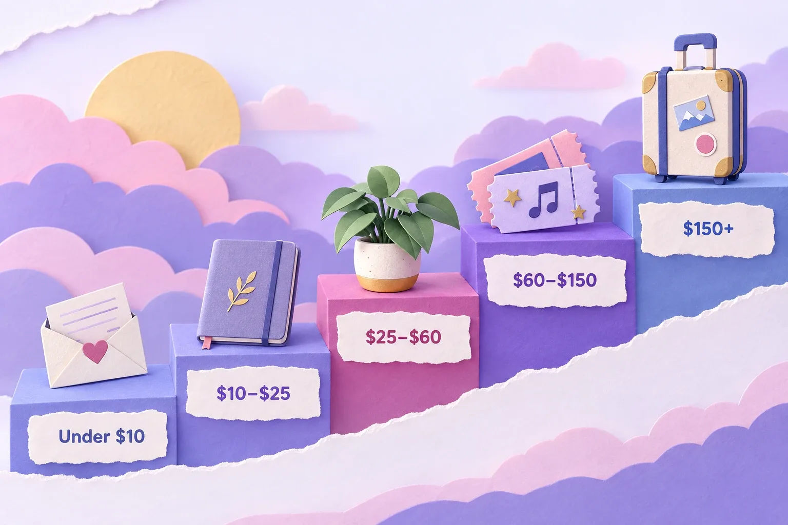 New year gift ideas by budget: a paper-craft staircase showing five price bands from under $10 to $150+