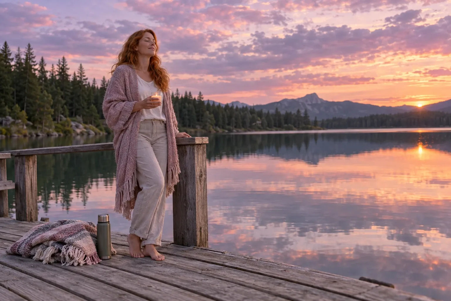 New year intention ritual: a red-haired woman breathes slowly on a lakeside dock at dusk holding a candle