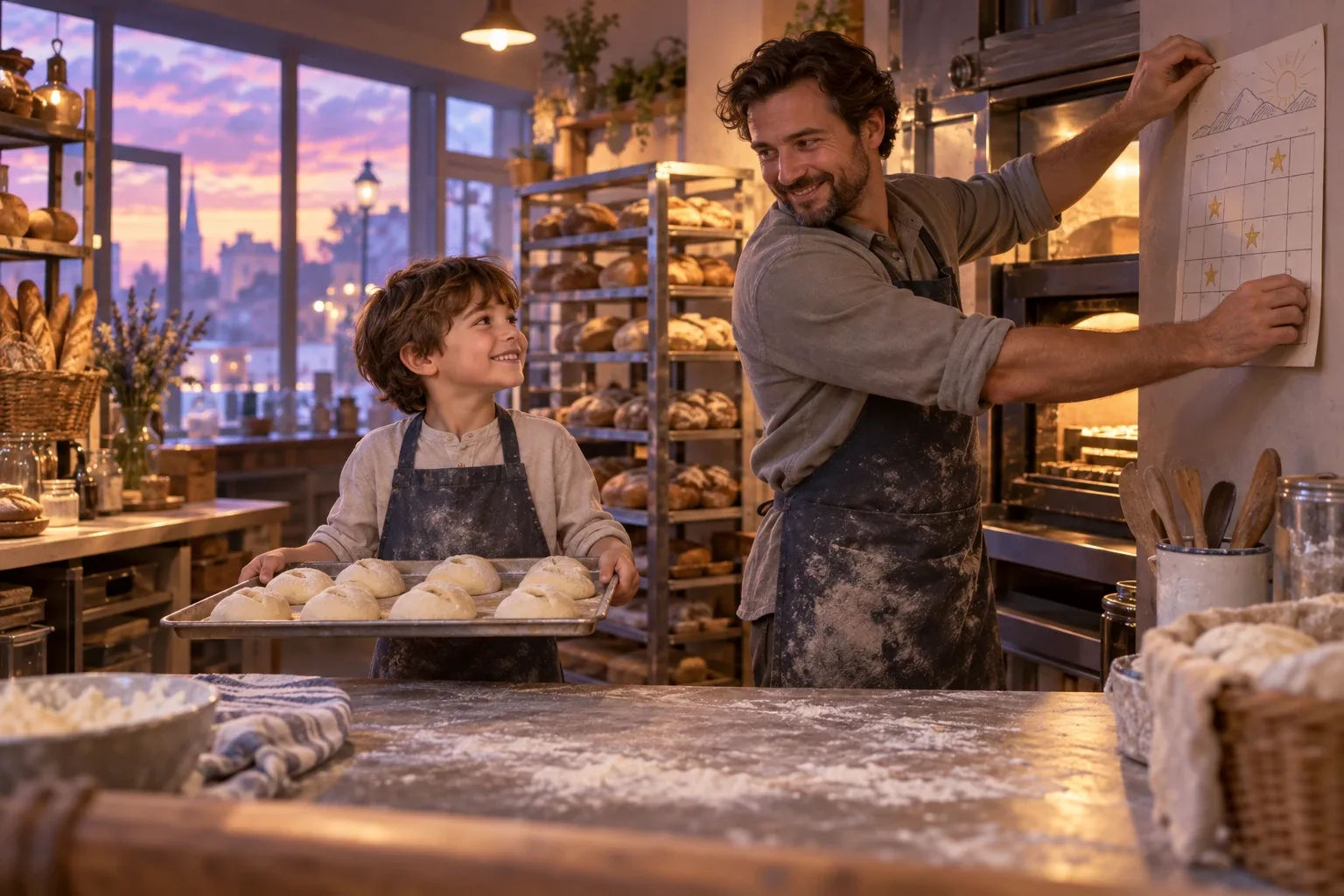 New year intentions in practice: a father and son in a bakery hang a small star calendar of daily habits