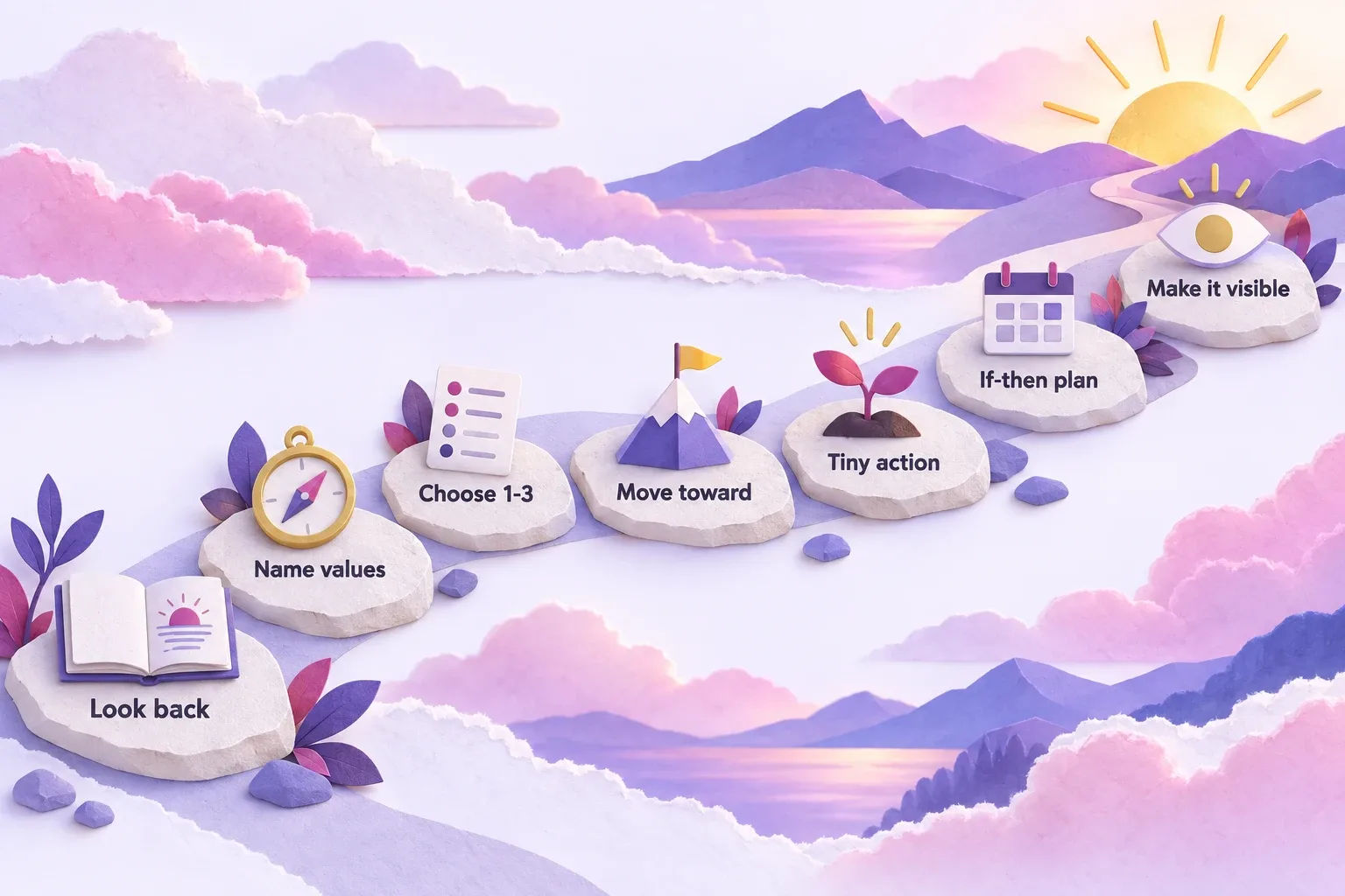 New year intentions: paper-craft path of seven steps from looking back to making your intention visible