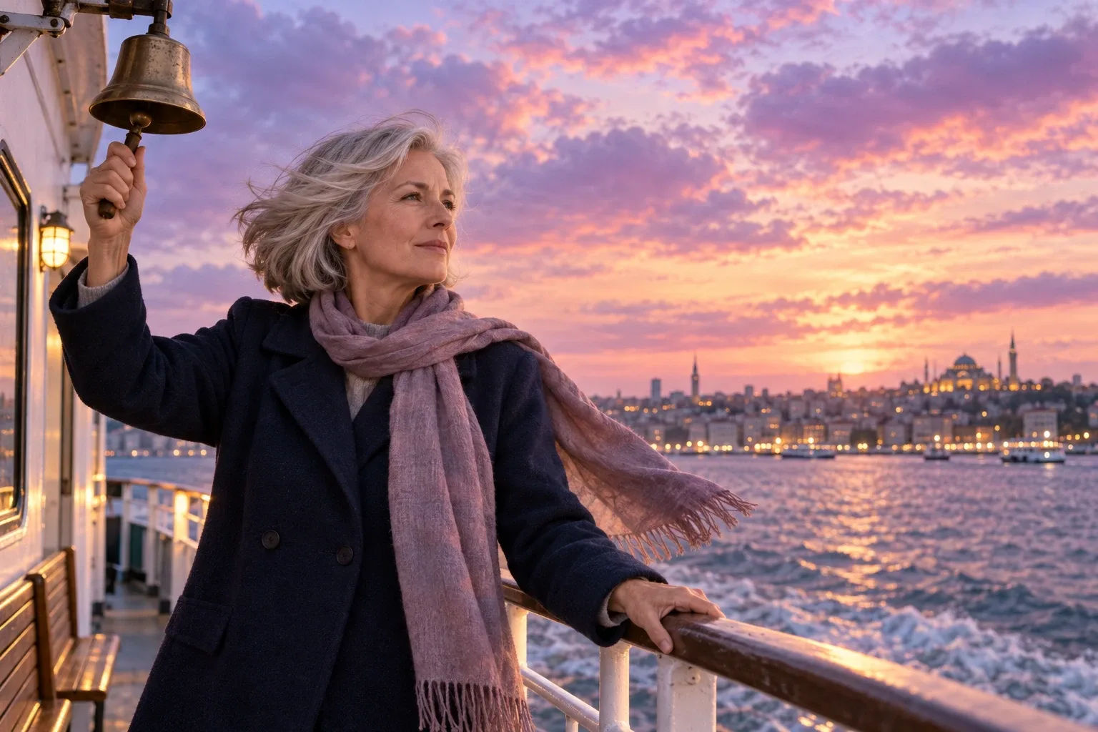 New Year's Eve rituals: a woman rings a small brass bell on a ferry deck at dusk