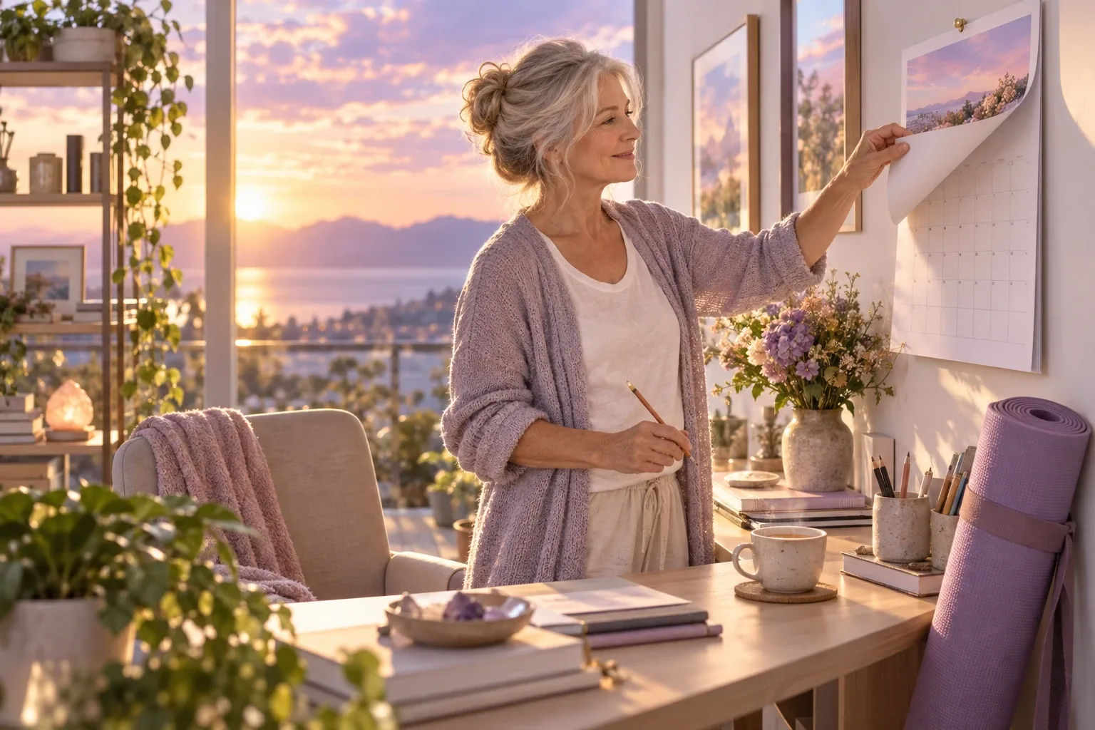 Fresh start for new year's resolutions 2027: a woman turning a wall calendar page on a Monday morning