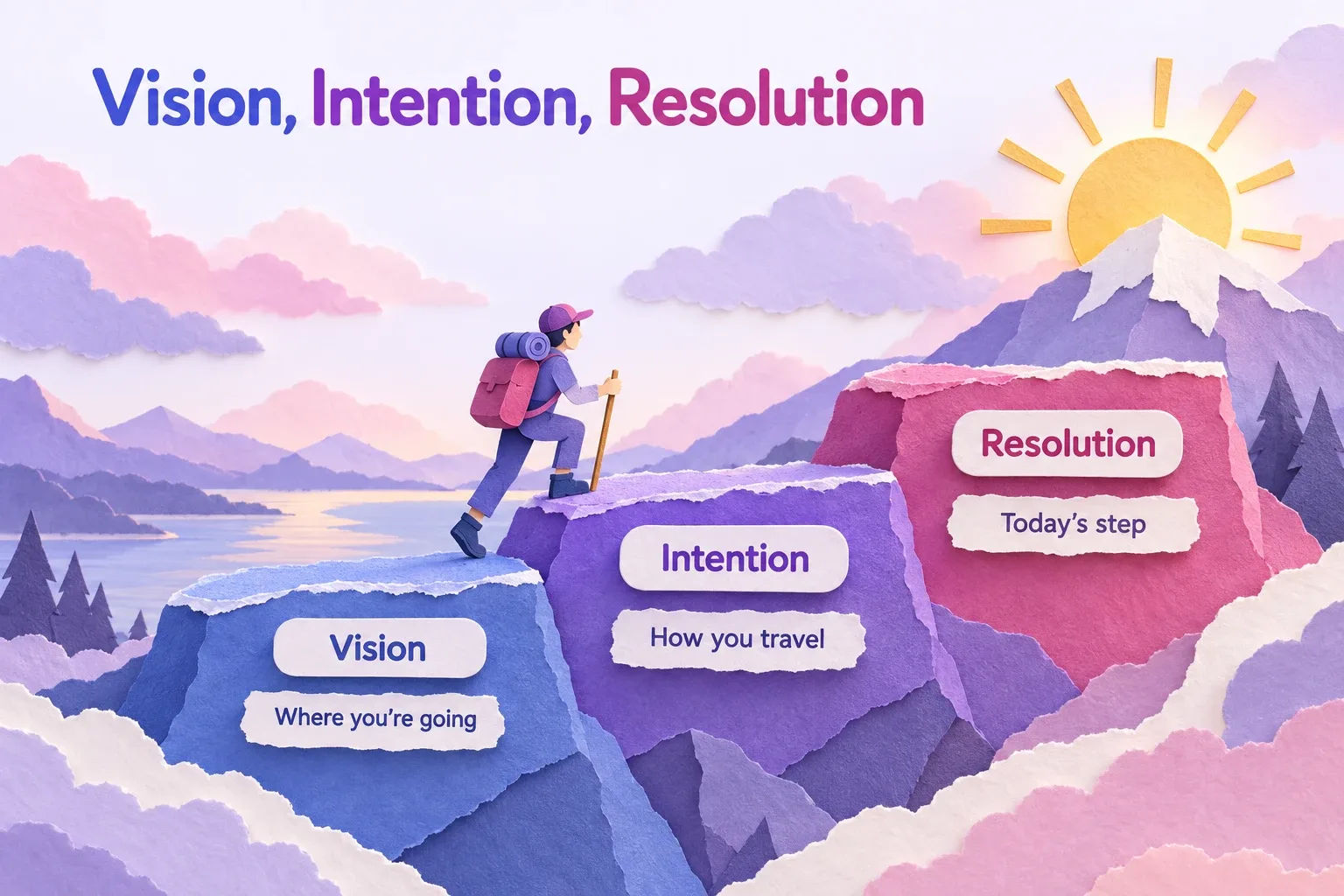 Resolution vs intention vs vision: a paper-craft diagram of three steps from where you're going to today's step