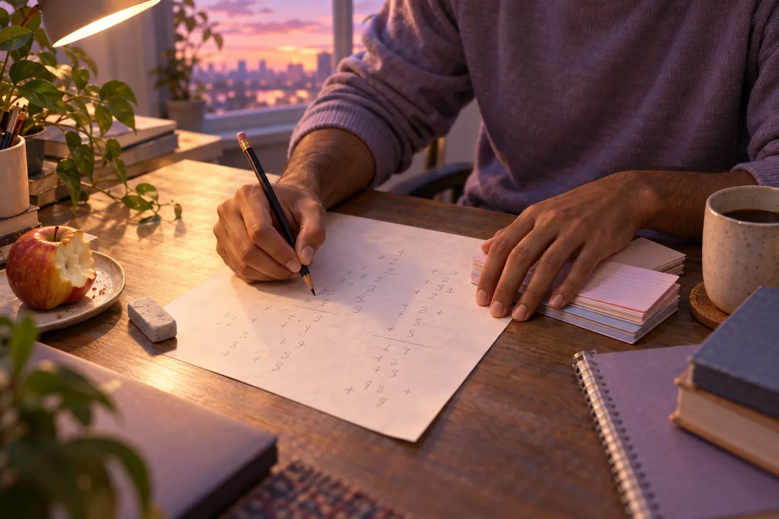 Personal year number 2027 formula: a man's hands adding numbers with a pencil on scratch paper under a desk lamp