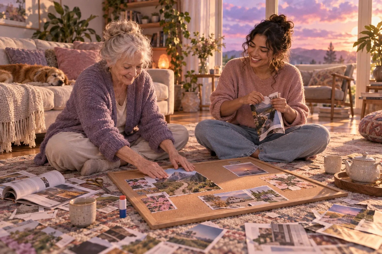 Personal year number 2027 planning: two women building a vision board with magazine cutouts on a living room rug