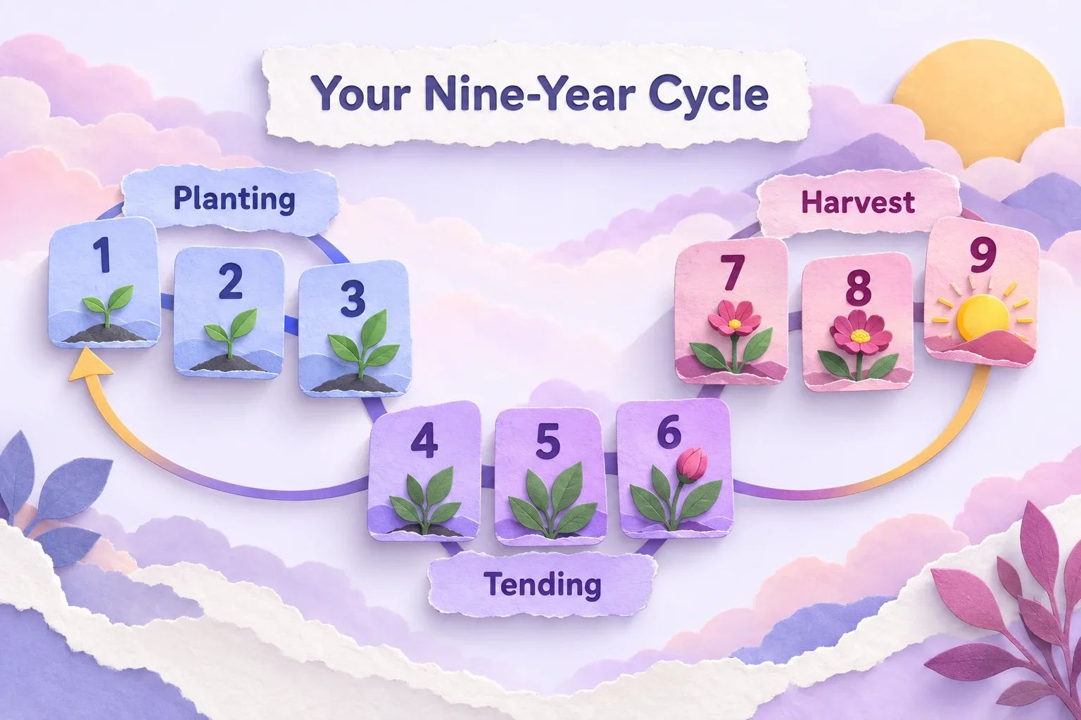 Personal year number 2027 nine-year cycle: paper-craft diagram of planting, tending and harvest phases, years 1 to 9