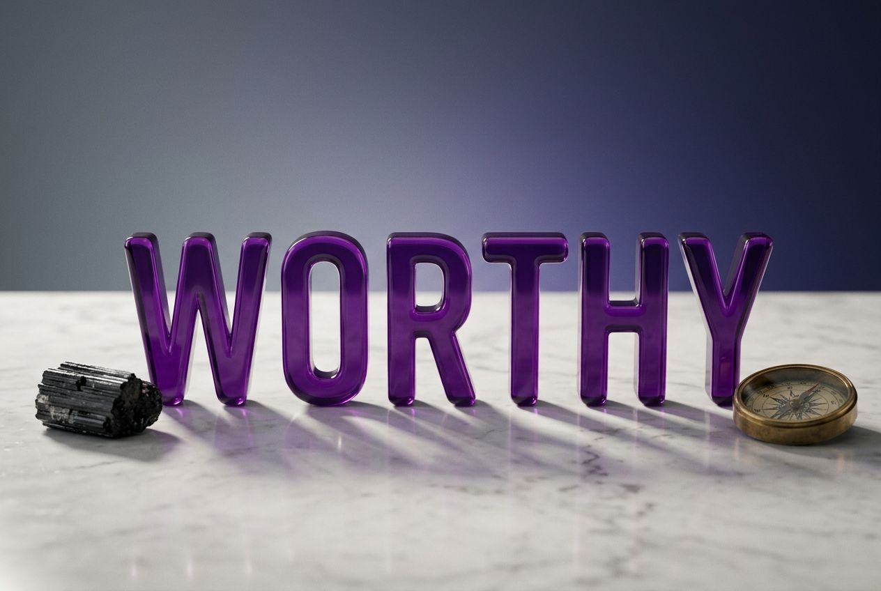 positive affirmations for men — bold WORTHY resin letters with tourmaline crystal on marble