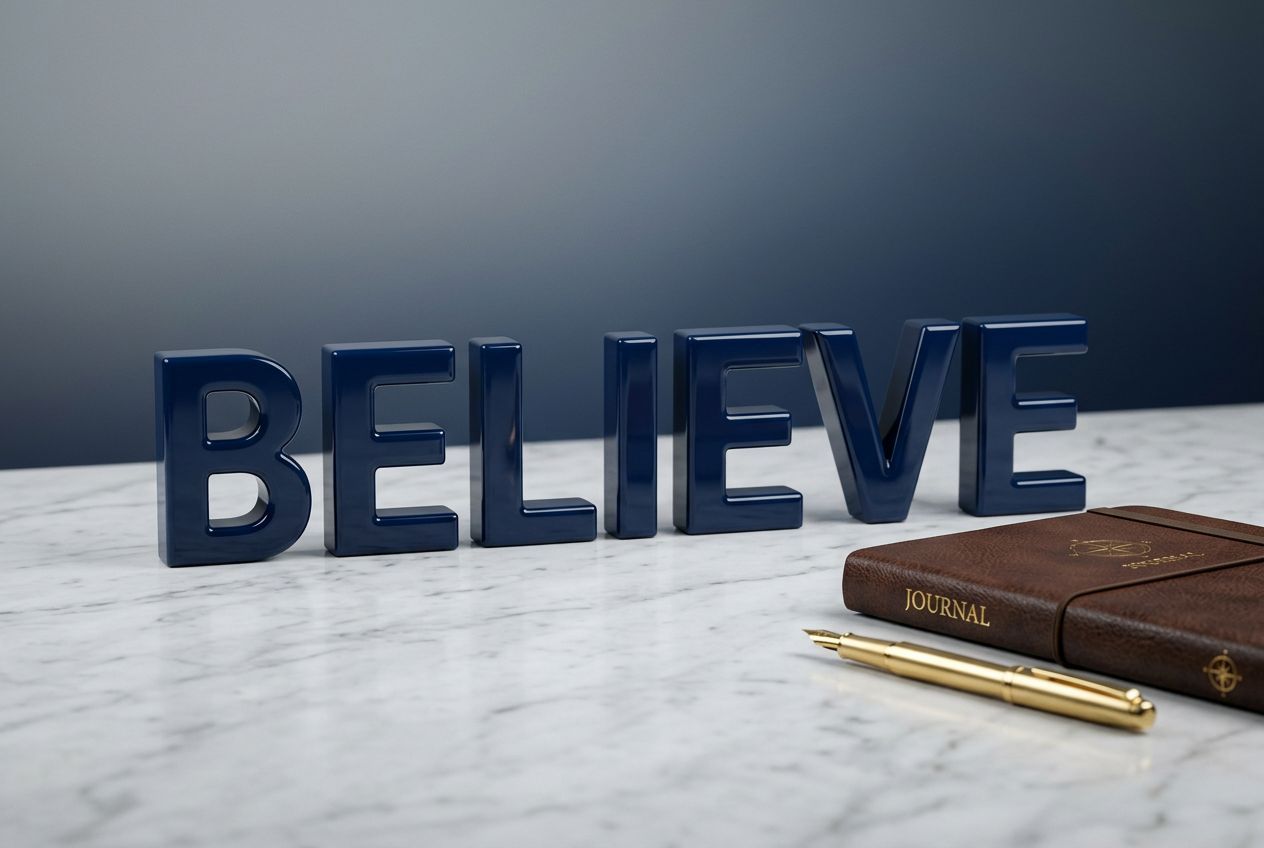 positive affirmations for men — bold BELIEVE resin letters with journal and gold pen