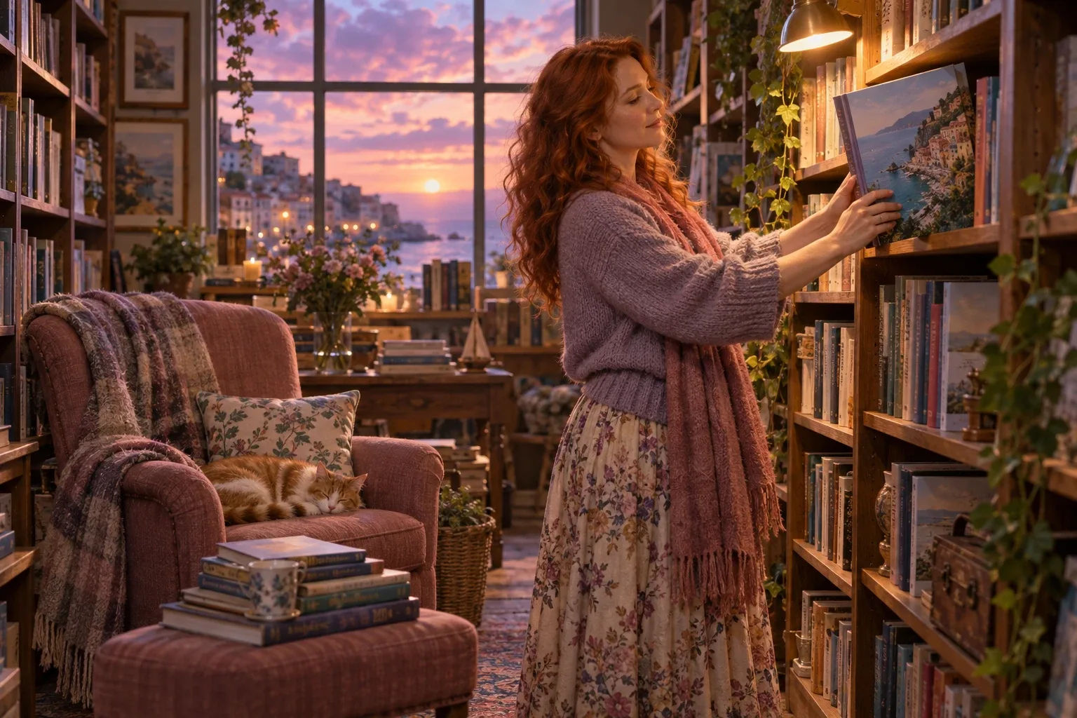See your future self: a red-haired woman pulls a book of seaside towns from a bookshop shelf