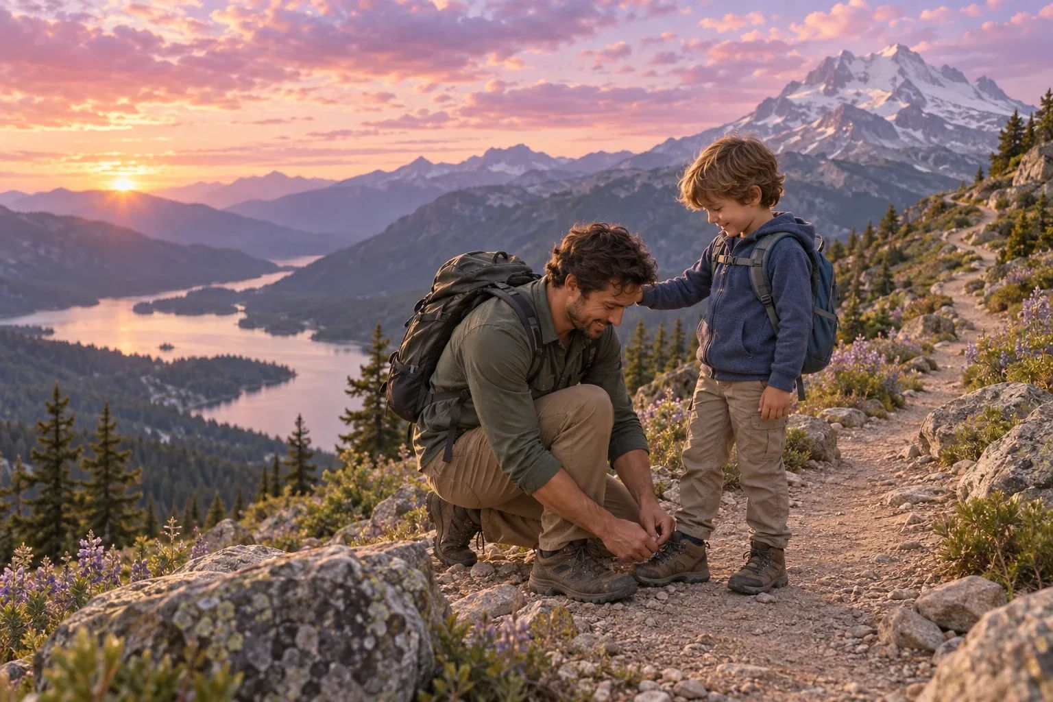 See your future self: a father ties his son's boot at a trail overlook with a summit ahead