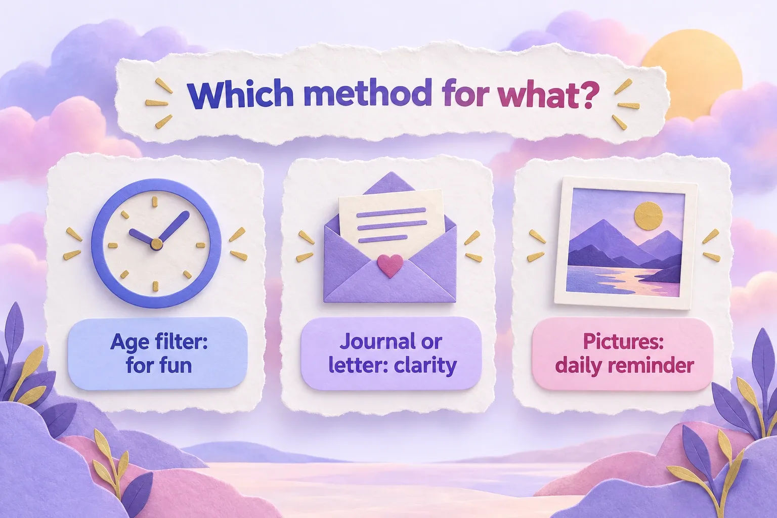 See your future self: paper-craft columns matching age filter, journal or letter, and pictures to their uses