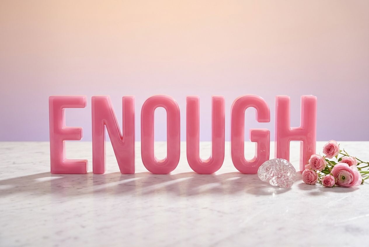 self love affirmations — bold ENOUGH resin letters with crystal on marble surface