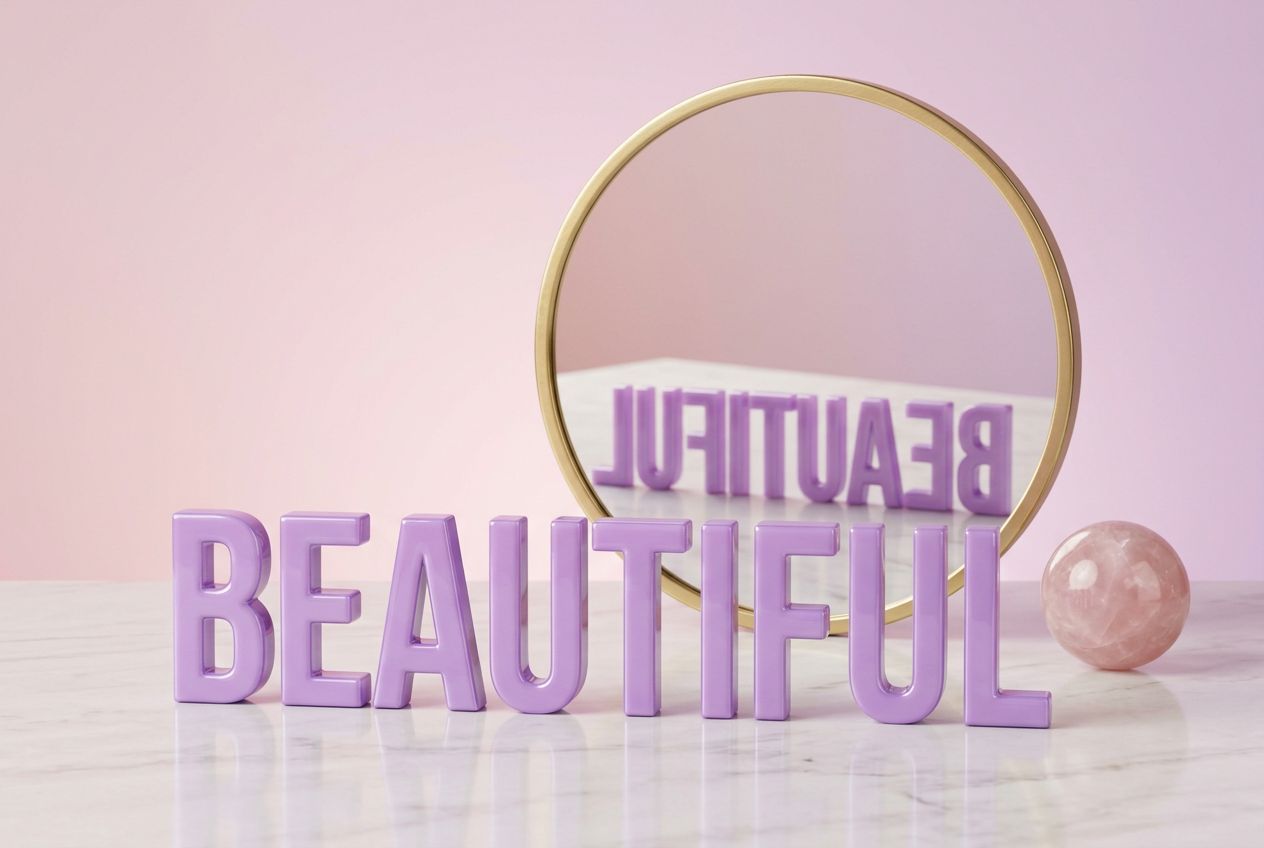 self love affirmations — bold BEAUTIFUL resin letters reflected in gold mirror