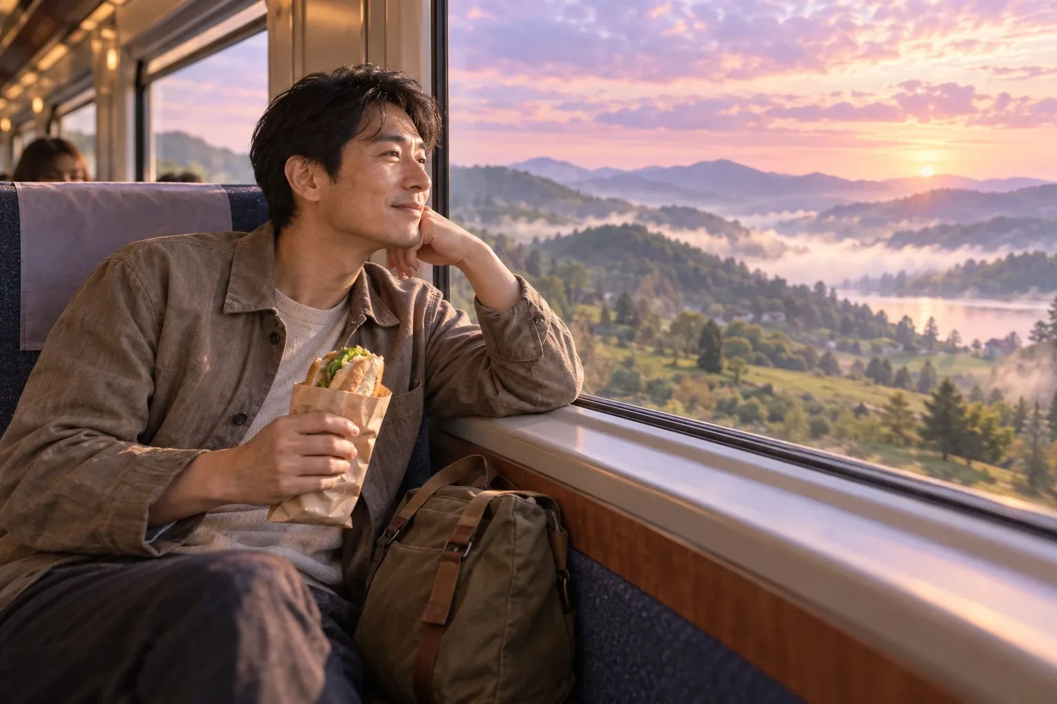Travel vision board destination idea: a man watches green hills from a train window seat