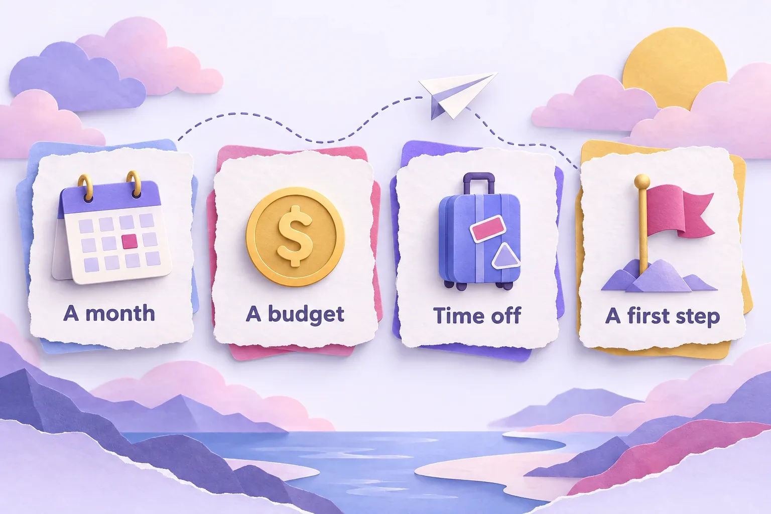 Travel vision board planner infographic: a month, a budget, time off and a first step