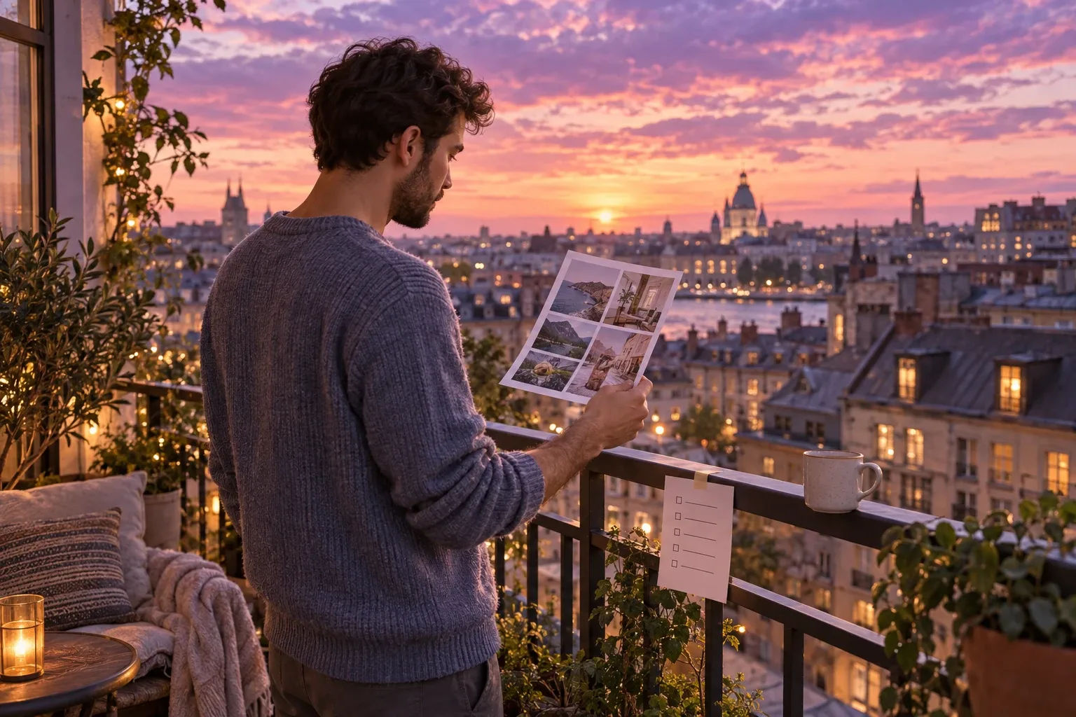 Vision board app research: a man on a city balcony comparing his picture board with a list of weekly steps