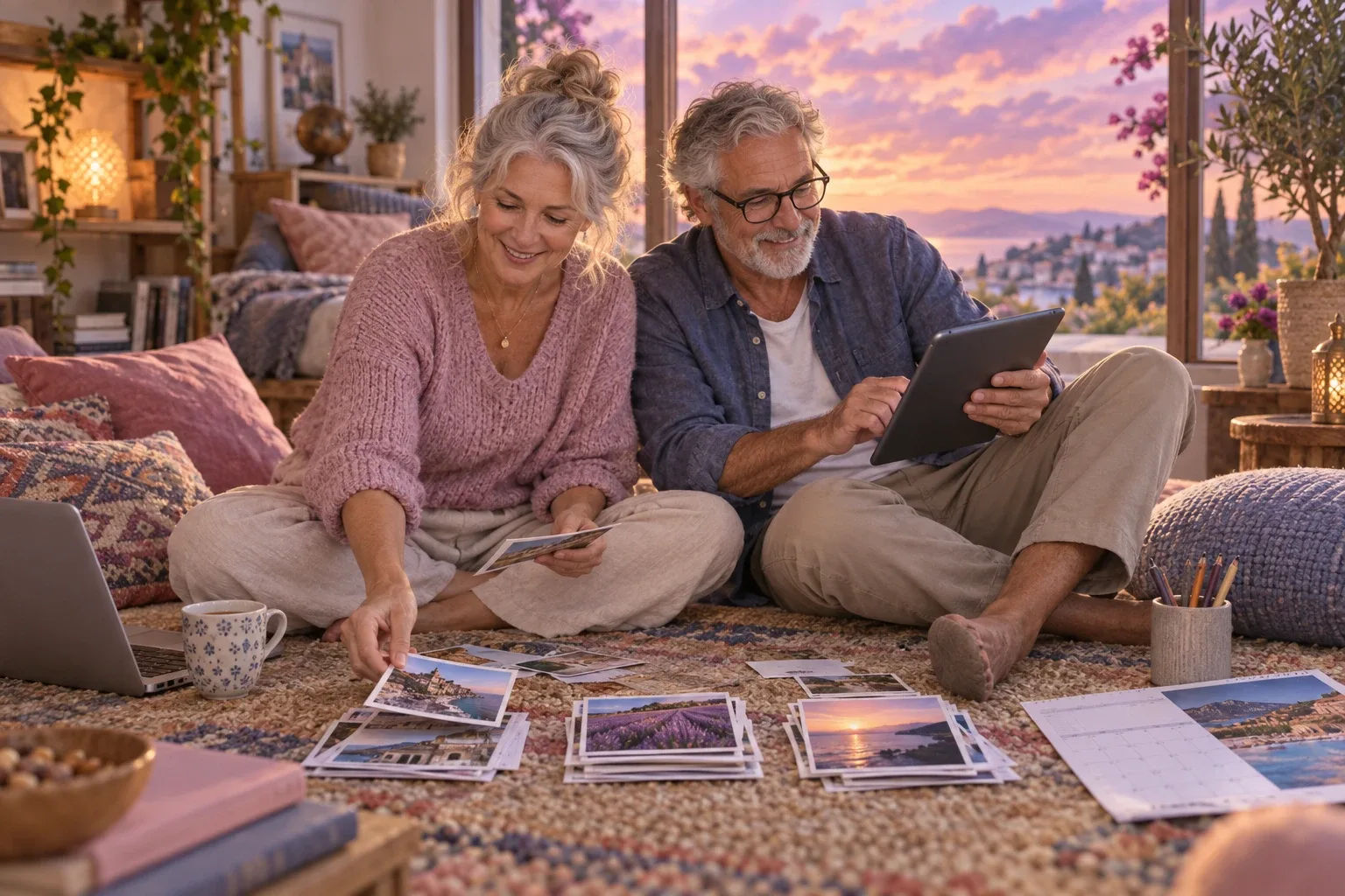 Vision board app tips: a couple in their sixties sorting photos on a cushion-covered living-room floor