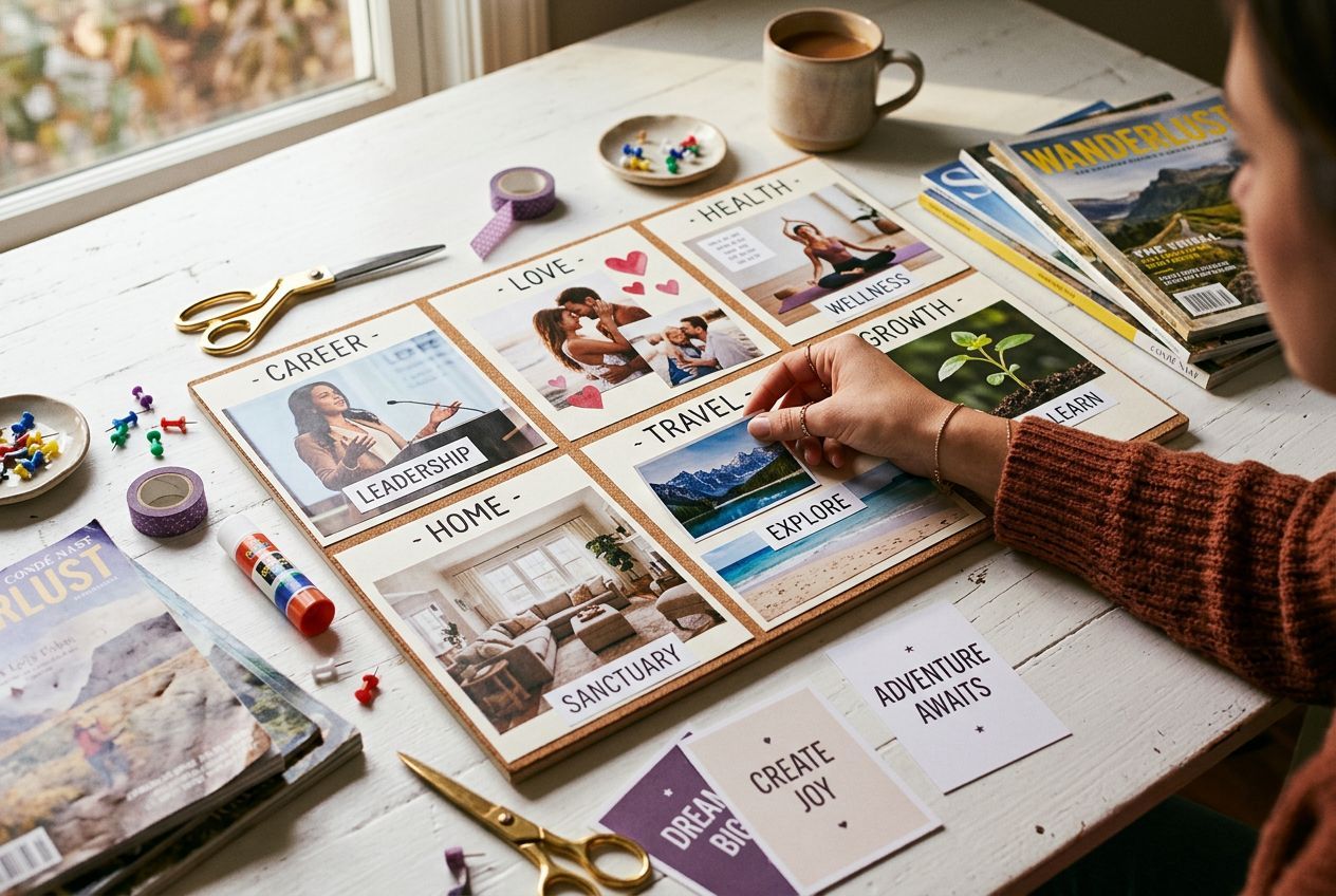 vision board ideas â€” flatlay of vision board sections organized by life category with career health love and travel images