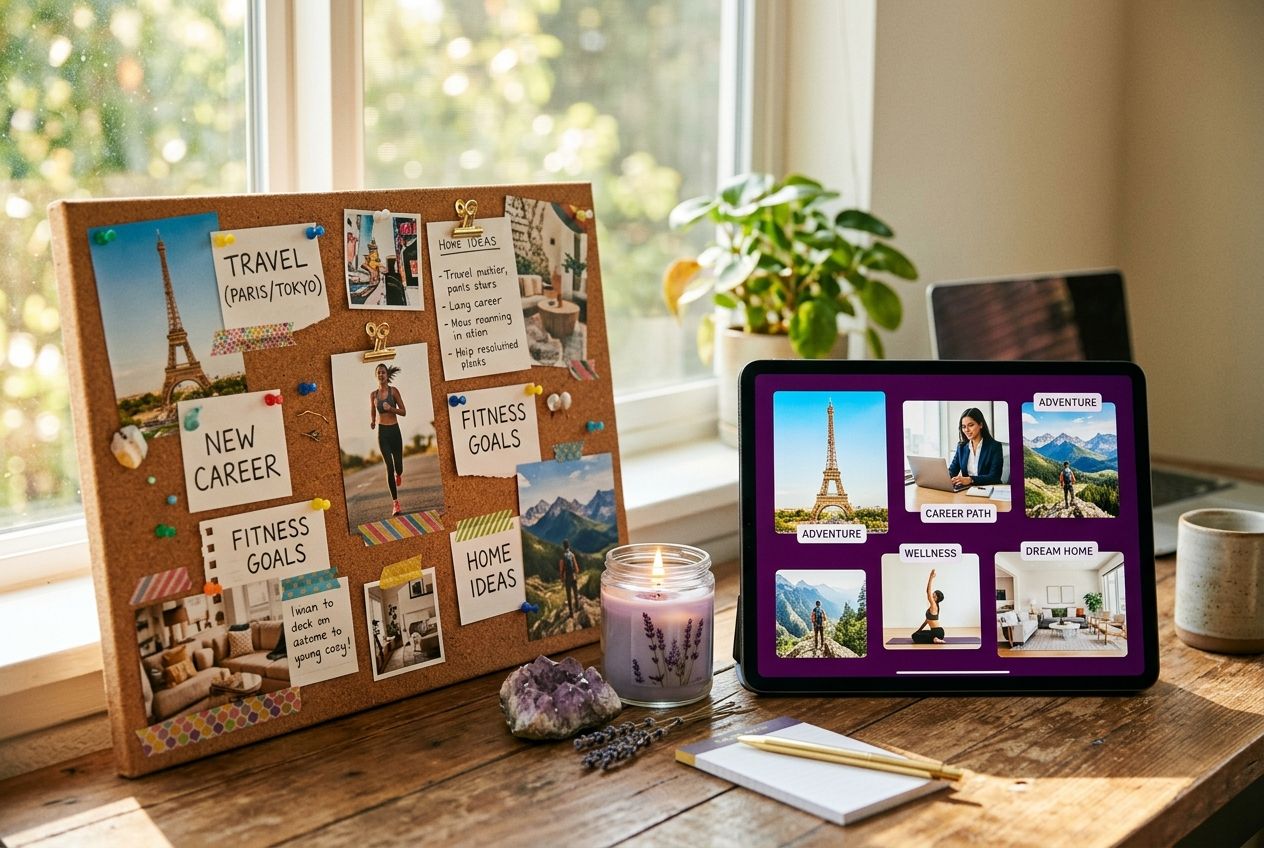 vision board ideas â€” split view of digital vision board on tablet screen next to physical cork board with pinned photos