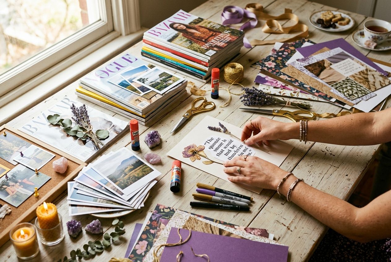 vision board party — organized craft supplies and decorative materials on a styled table