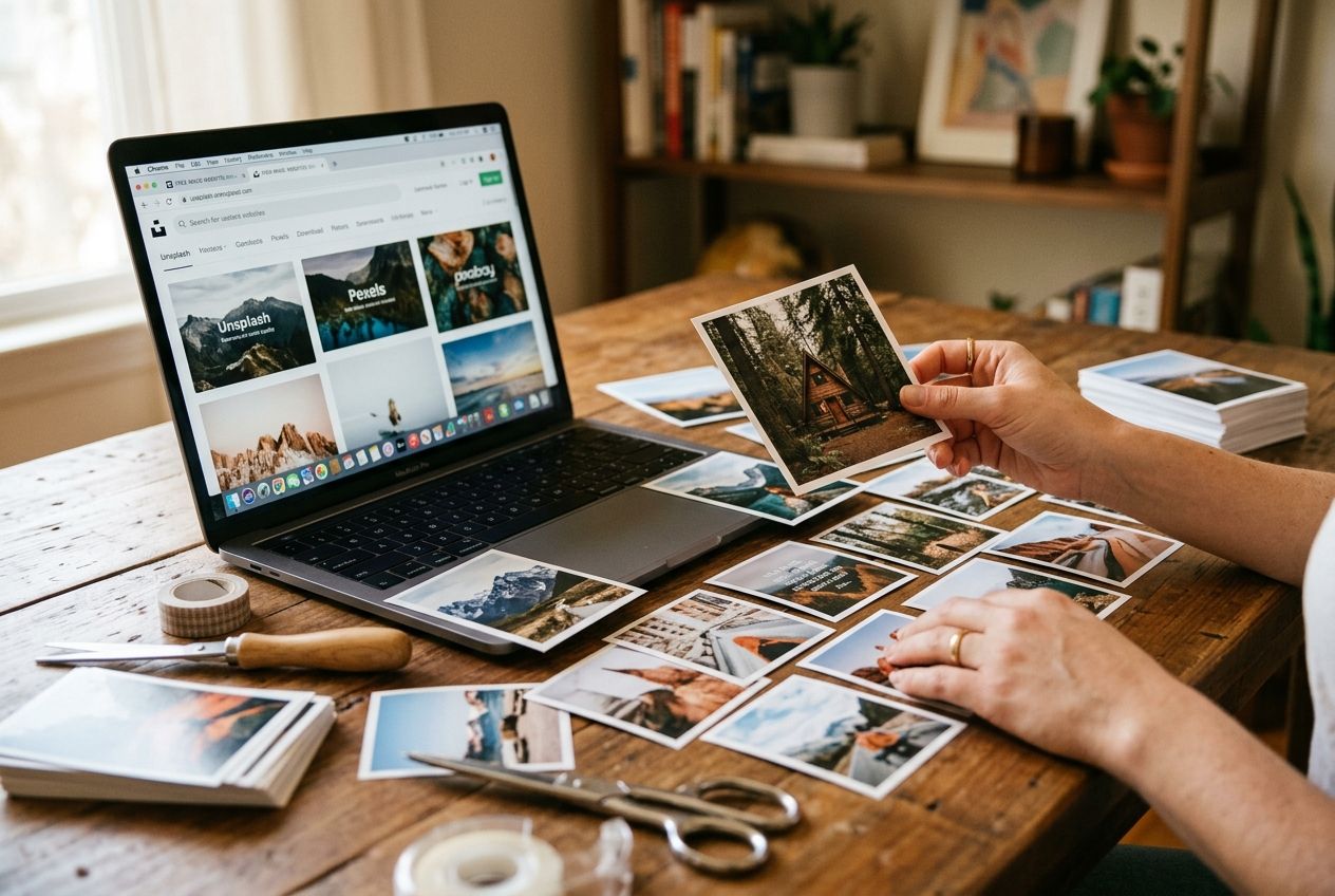 vision board pictures to print — laptop showing free image sites with printed photos on desk