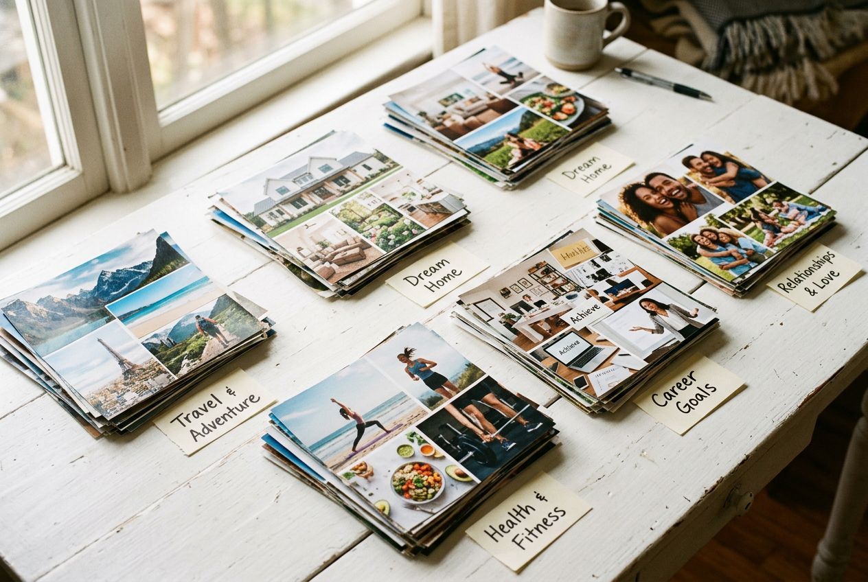 vision board pictures to print — organized photo piles by life category on white surface