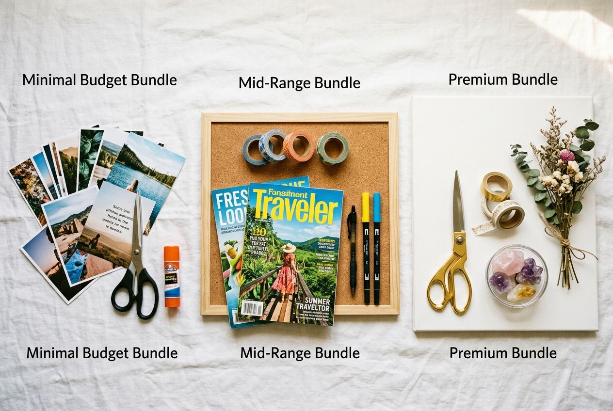 vision board supplies — three supply bundles arranged by budget level