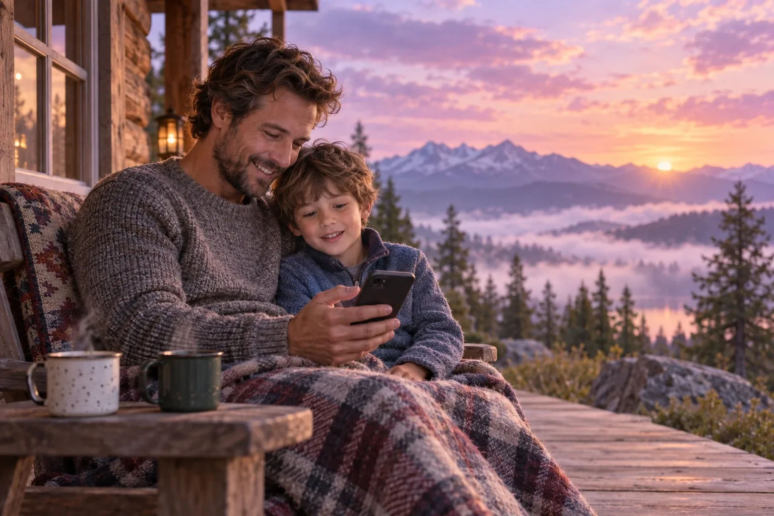 Vision board wallpaper shared on a phone by a father and his son on a cabin porch
