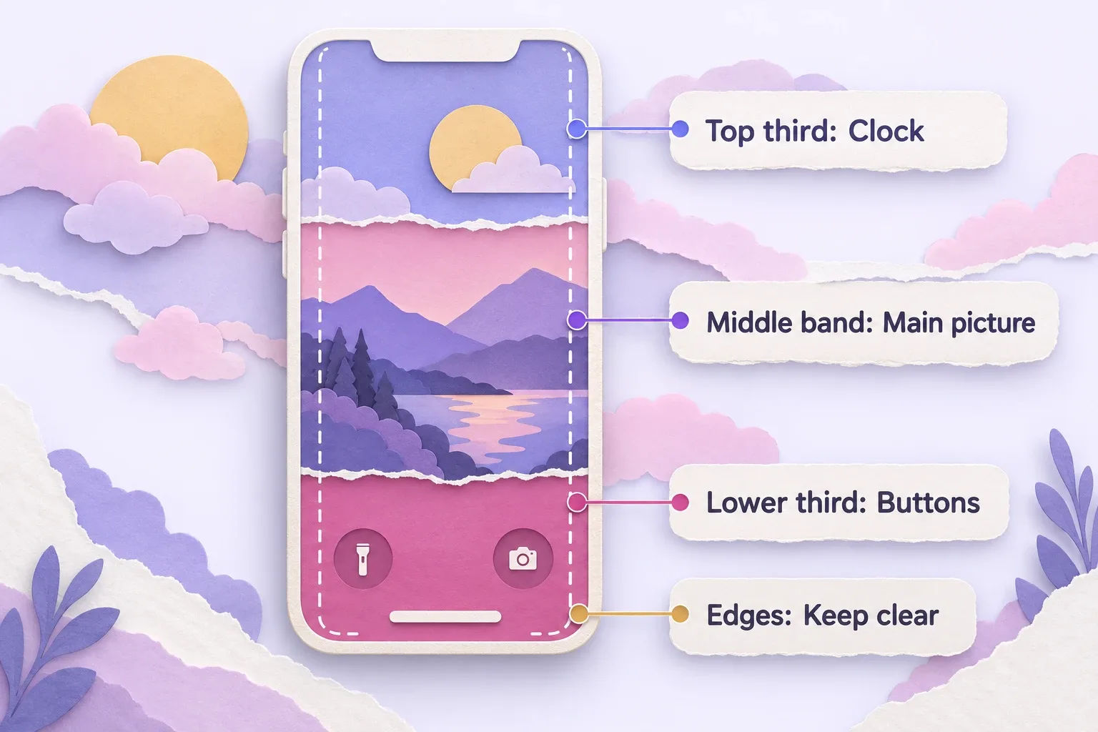 Vision board wallpaper layout guide showing clock, main picture, buttons and edges on a phone screen