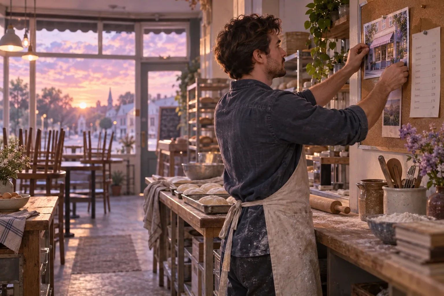 What is a vision board used for: a baker pinning shop photos to a cork board before opening