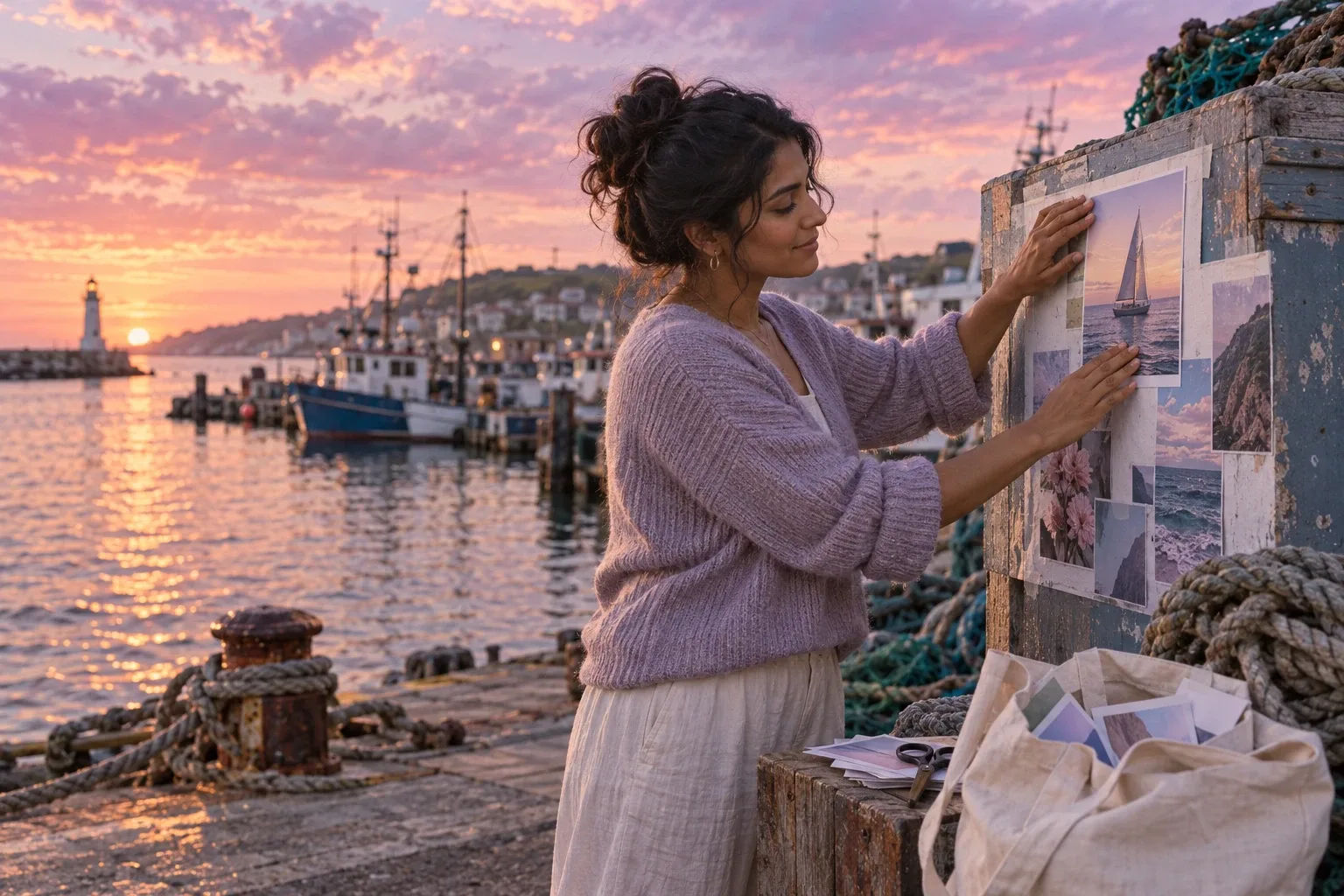 How to make a vision board for 2027: a woman fixing a sailboat photo onto a poster at a harbour