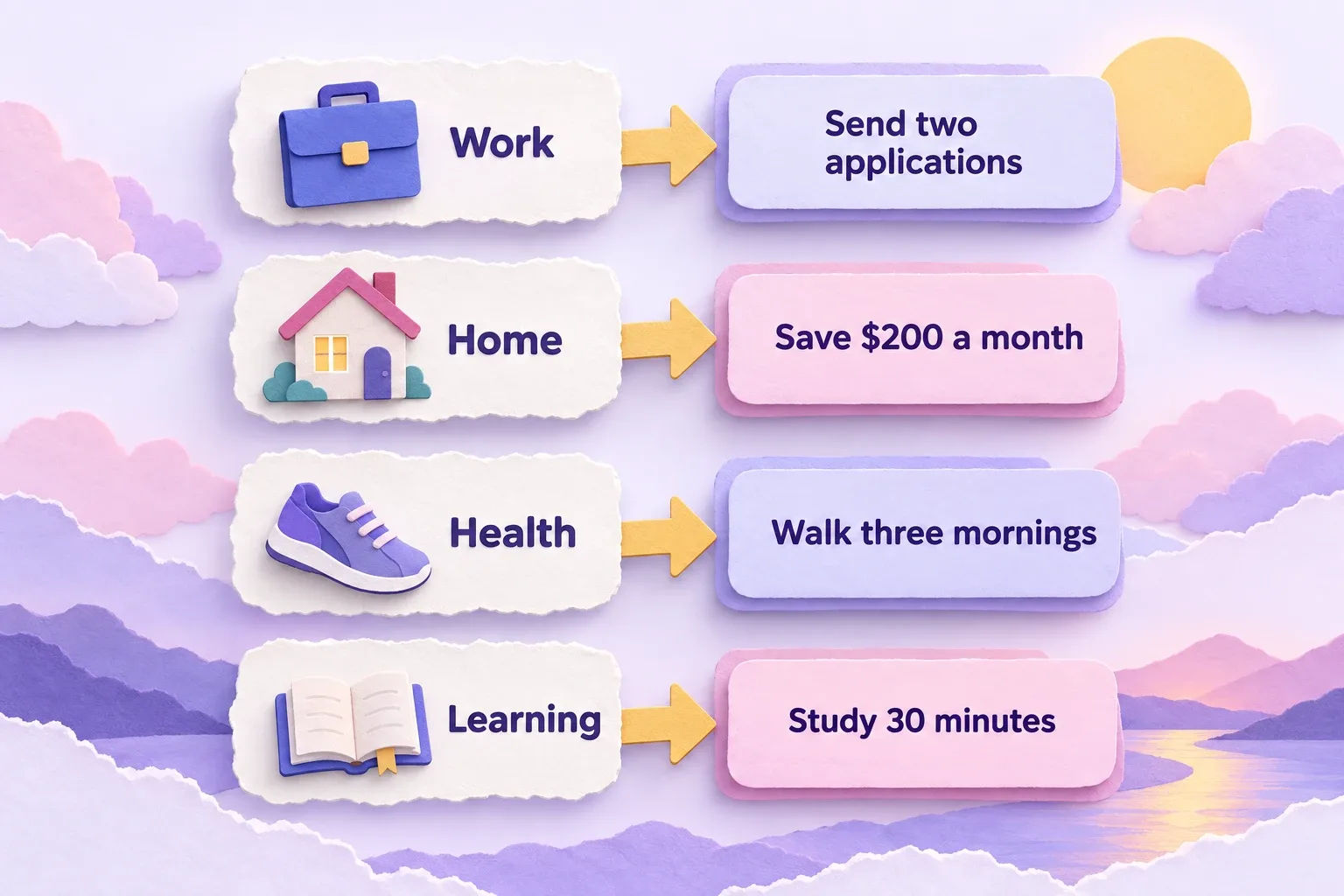 What goes on a vision board: paper-craft map pairing work, home, health and learning pictures with weekly steps