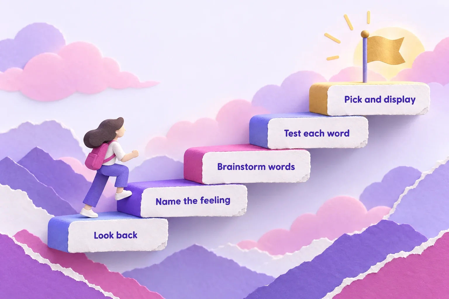 Word of the year: paper-craft staircase showing five steps from Look back to Pick and display