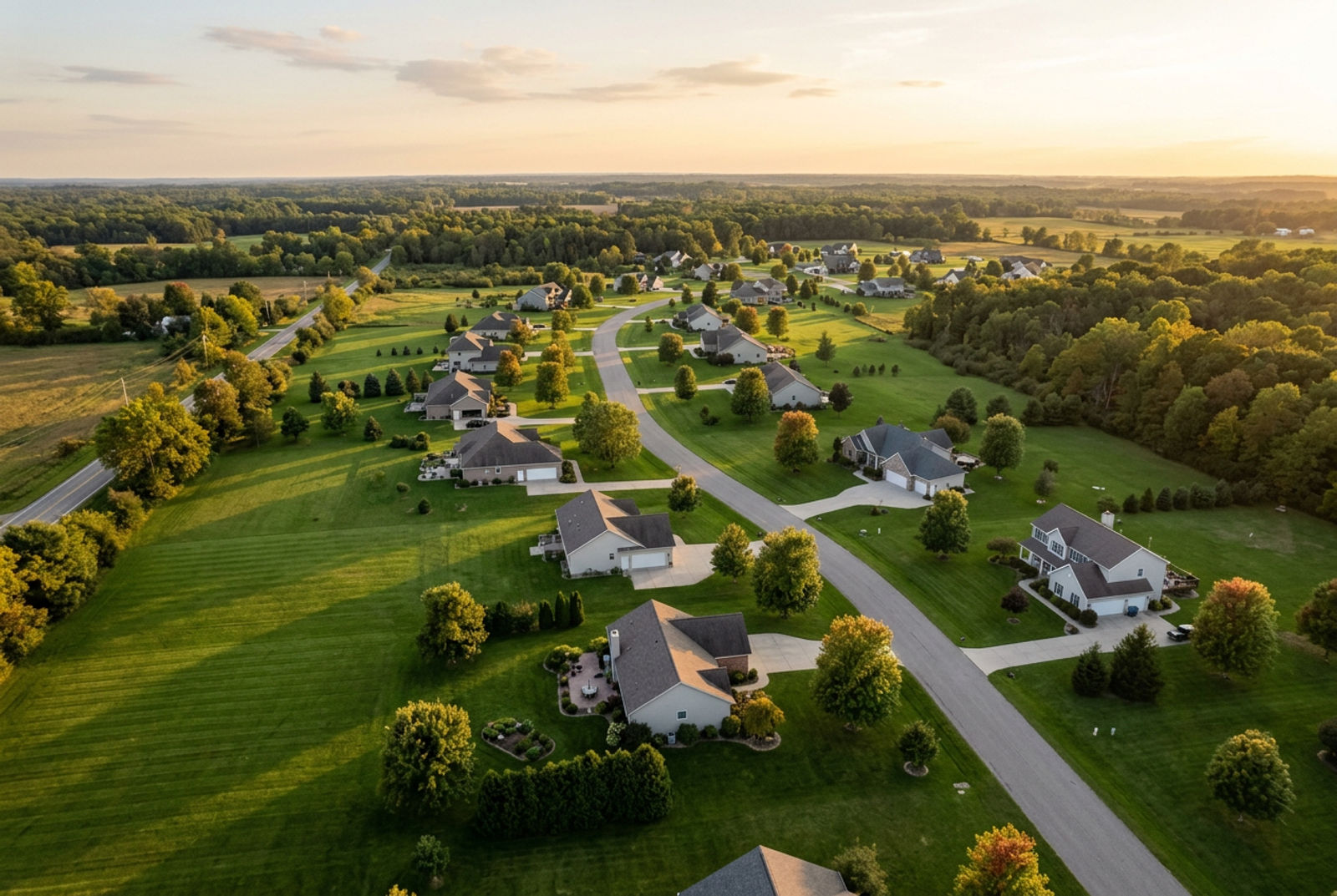 Aerial view of a rural American neighborhood where homes rely on septic systems