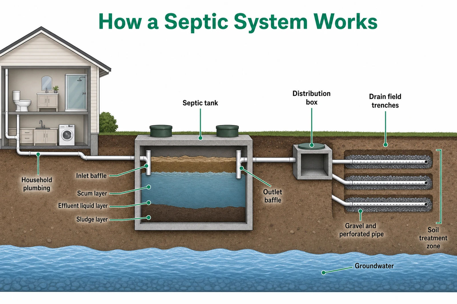 Labeled cutaway diagram of how a residential septic system works, from household plumbing through the septic tank and distribution box to the drain field and groundwater