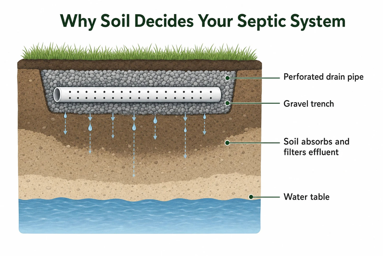 Cross-section showing why a septic drain field fails in poorly suited soil versus well-suited soil