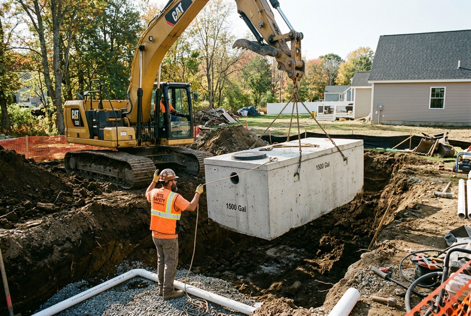 A new concrete septic tank being lowered into a trench during installation