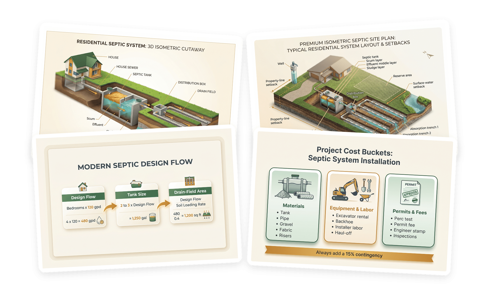 The DIY Septic Blueprint — isometric system cutaway, site plan, design-flow, and cost-bucket pages