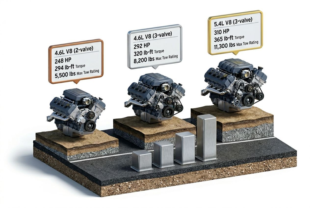 3D data visualization comparing 2009 Ford F150 engine options and towing capacities