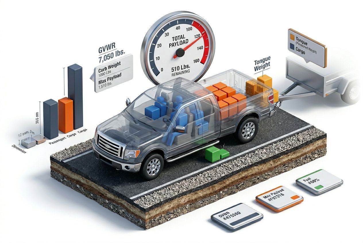 3D payload capacity visualization for 2009 Ford F150 showing weight distribution and remaining capacity
