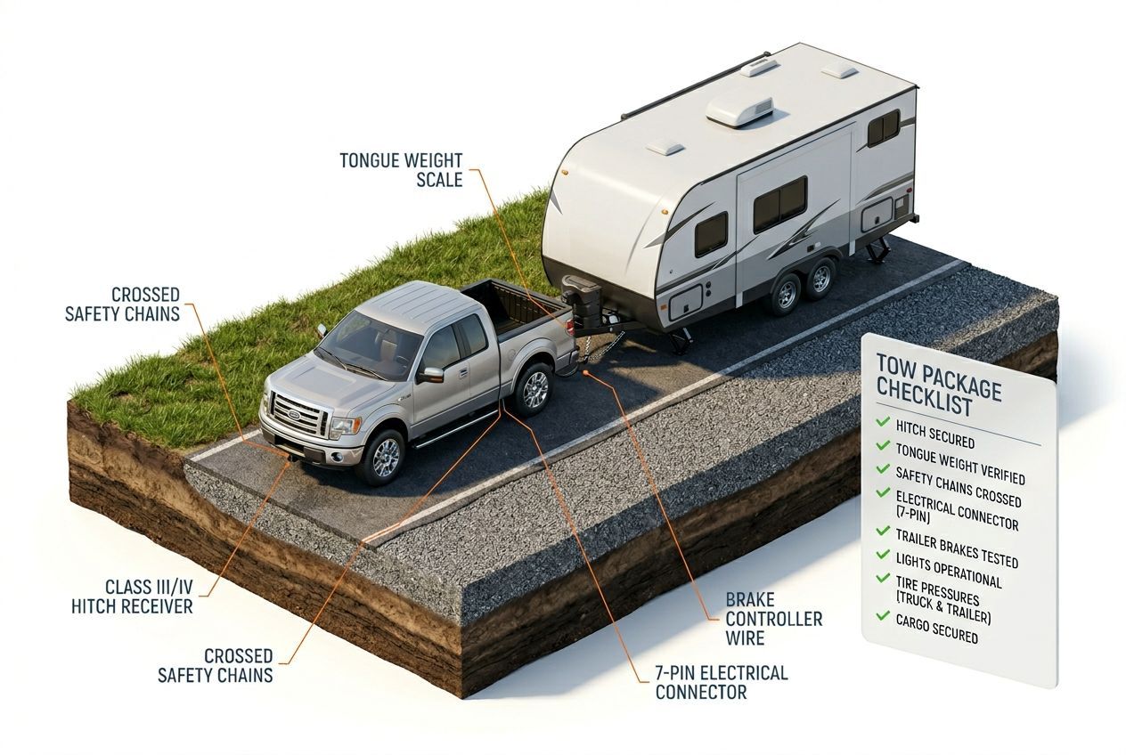 3D diagram showing proper tow setup for 2009 Ford F150 with hitch components and safety equipment
