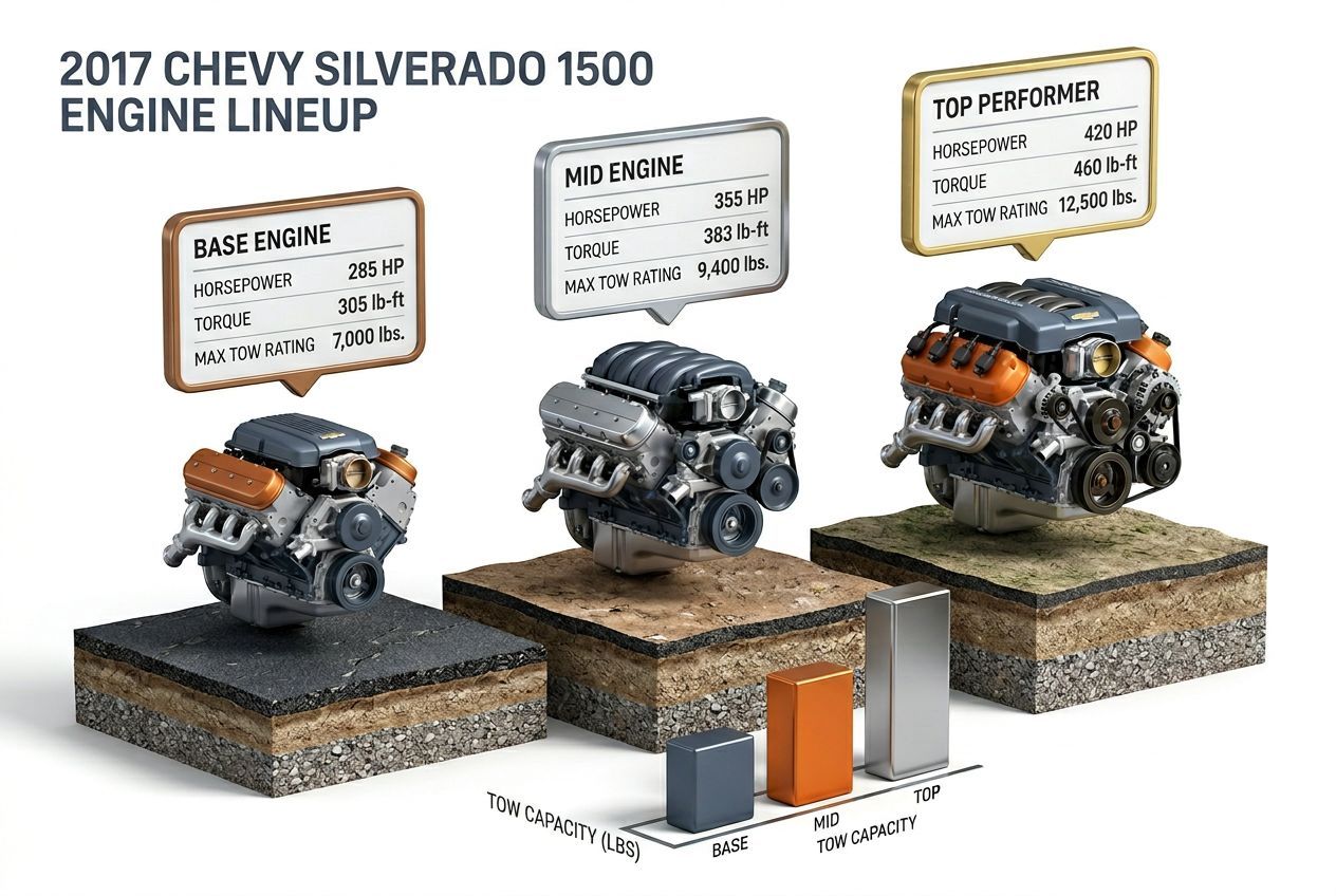 3D data visualization comparing 2017 Chevy Silverado 1500 engine options and towing capacities