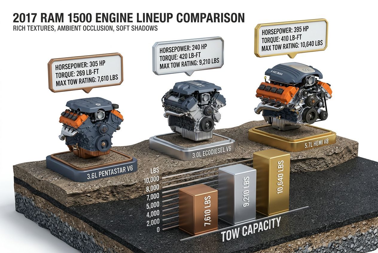 3D data visualization comparing 2017 Ram 1500 engine options and towing capacities