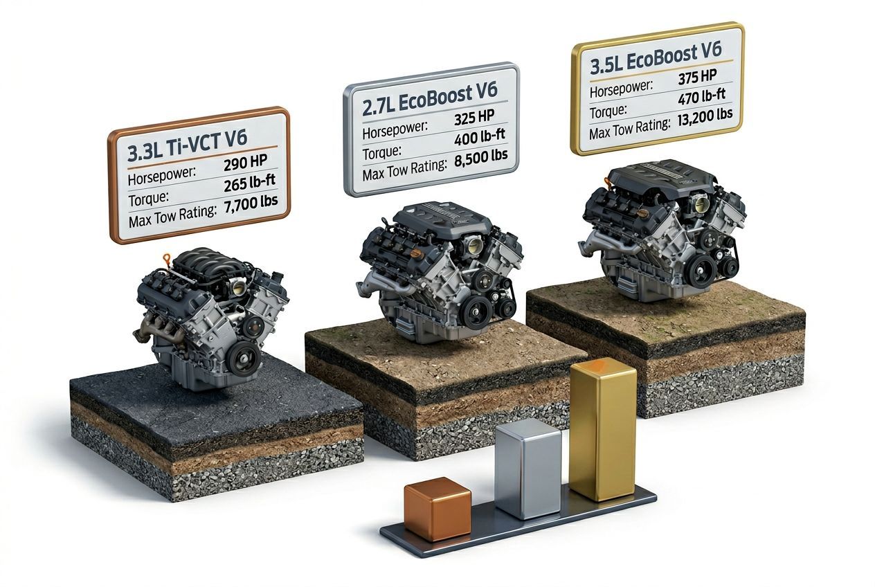 3D data visualization comparing 2018 Ford F150 engine options and towing capacities