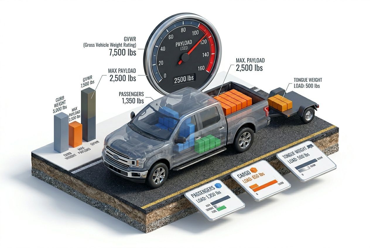 3D payload capacity visualization for 2018 Ford F150 showing weight distribution and remaining capacity