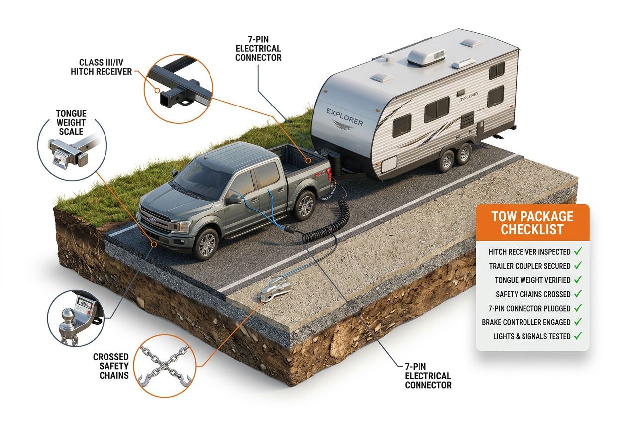 3D diagram showing proper tow setup for 2018 Ford F150 with hitch components and safety equipment