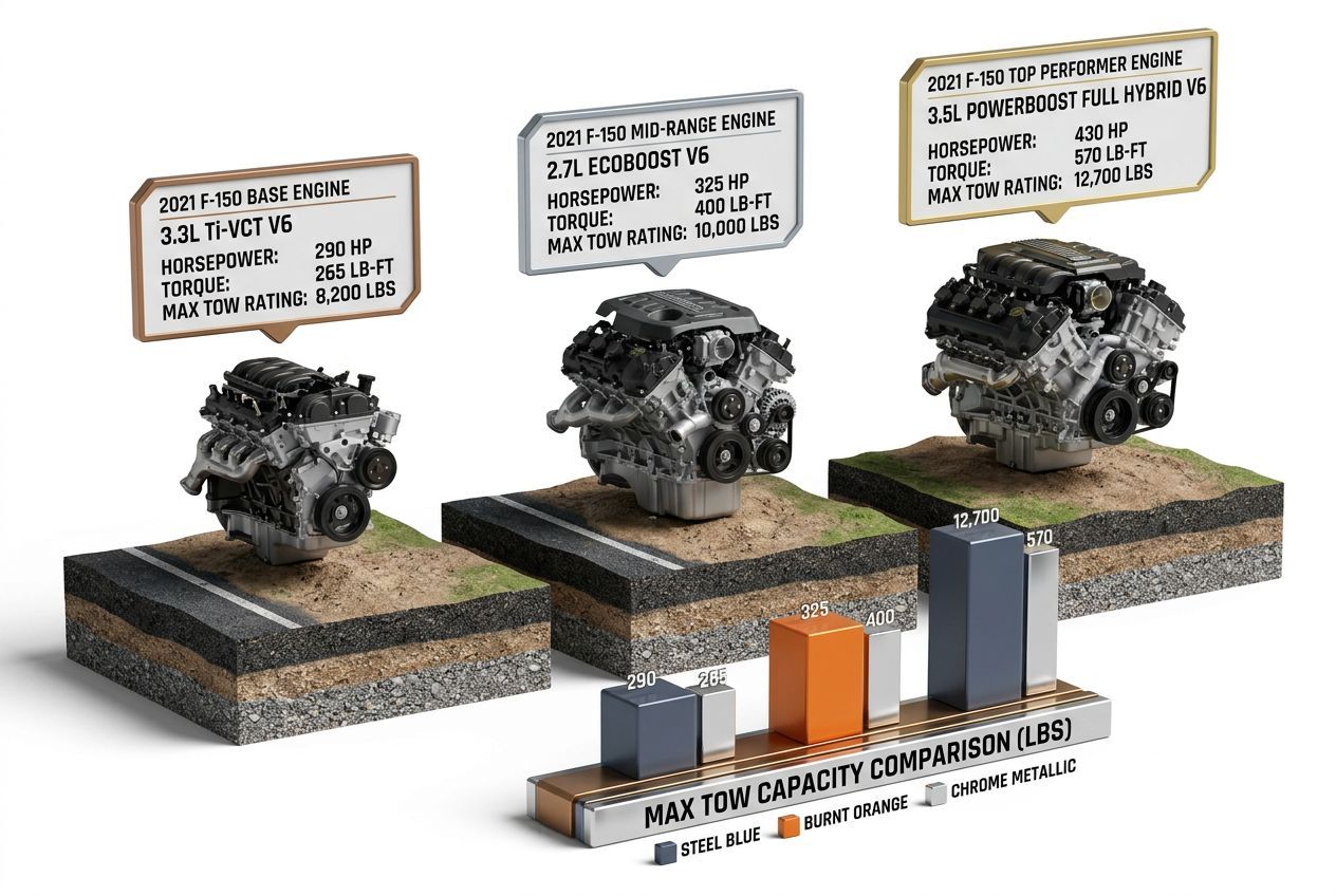 3D data visualization comparing 2021 Ford F150 engine options and towing capacities